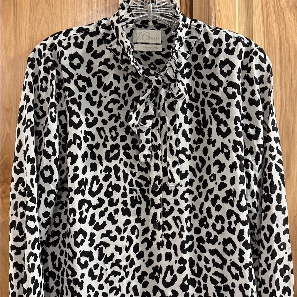 J. Crew Black and White Silk Animal Print Button Down Tie Neck Preppy Top